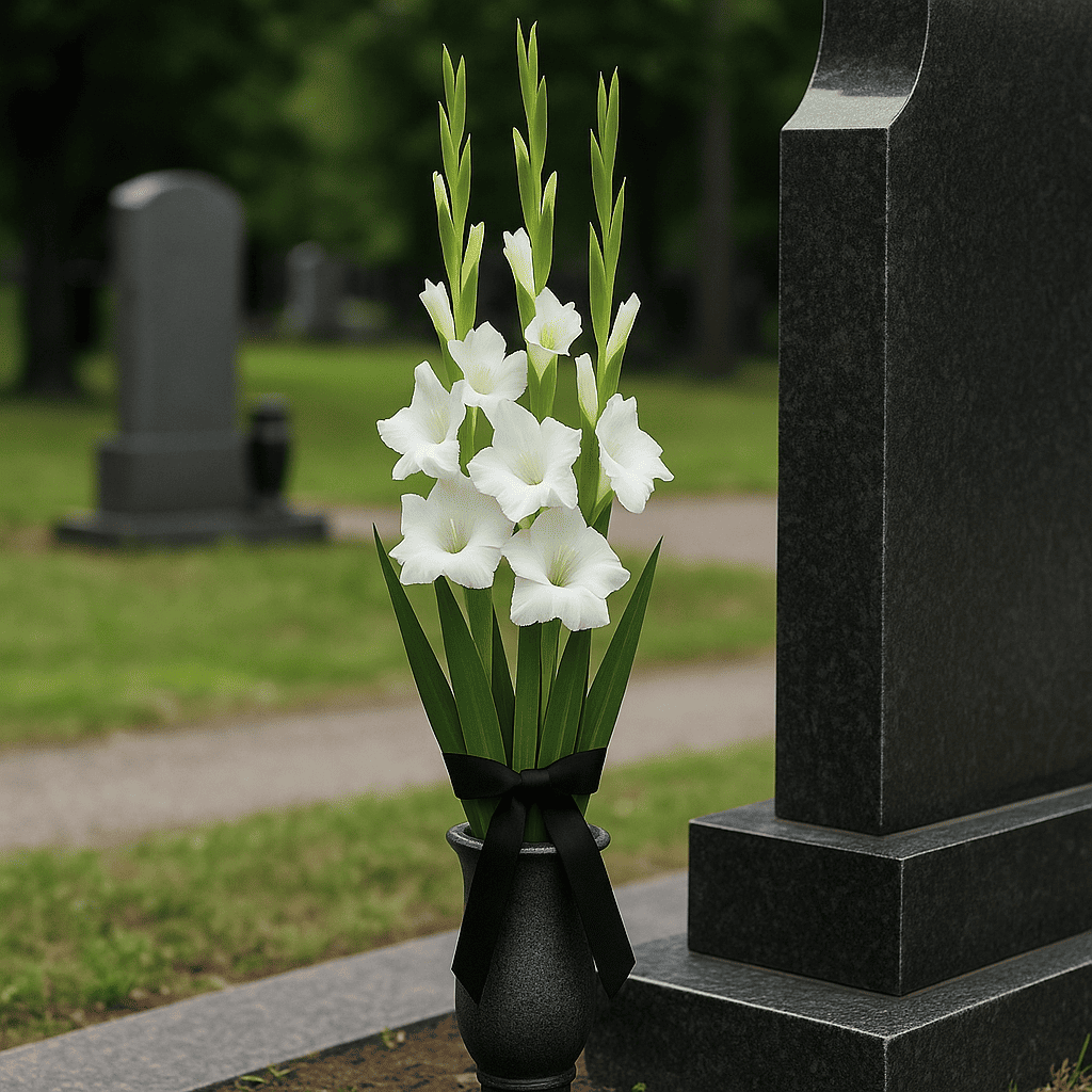 Букет в гранитной вазе на памятнике