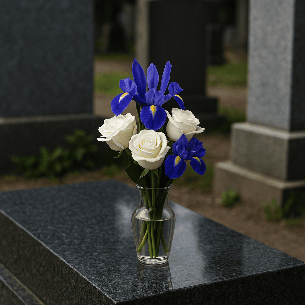 Небольшой букет белых роз и ирисов для женщины