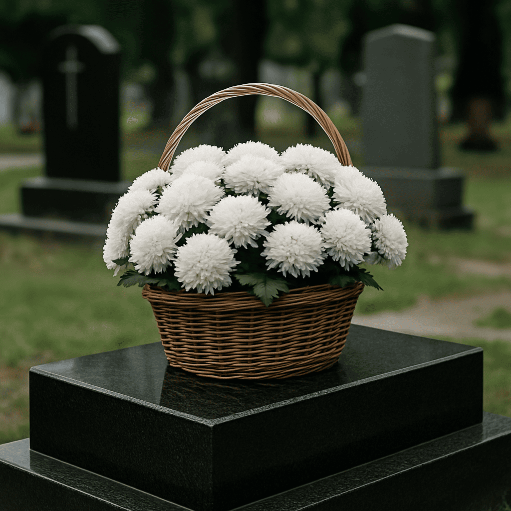 Корзина из белых хризантем у гранитного памятника